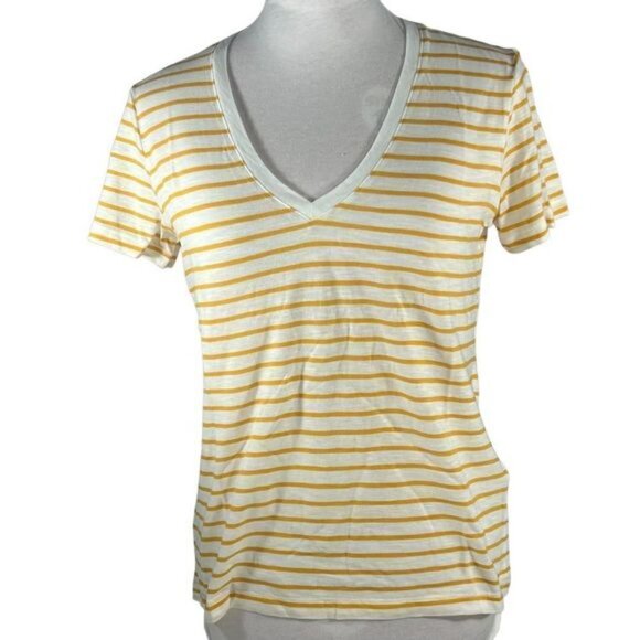 Madewell Gold and Cream Horizontal Stripe V Neck Tee Shirt Size S Style K7954 - Picture 1 of 8